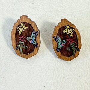 Wood Hummingbird Earrings Hand Painted Carved Butterfly Floral Nature